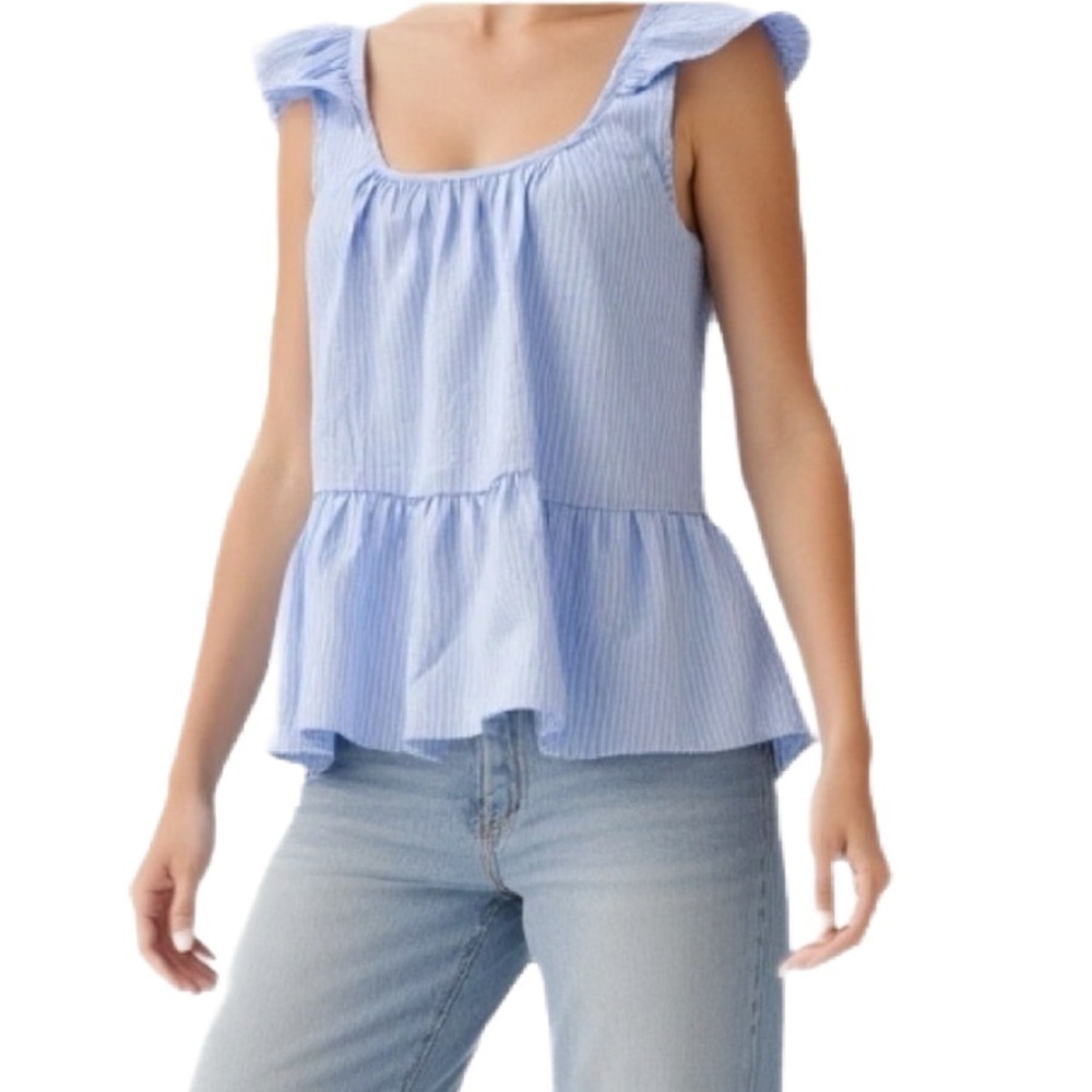 Gilli NWOT Blue & White Striped Ruffle Peplum Baby Doll Blouse Size Small